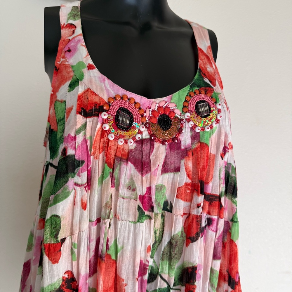 Embellished Floral Tiered Mini Dress - Pink & Green - Picture 4 of 14